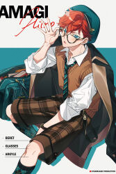 Rule 34 | 1boy, :o, absurdres, adjusting eyewear, amagi hiiro, argyle clothes, argyle socks, bag, beret, bespectacled, black coat, blue background, blue bag, blue eyes, blue hat, blue necktie, blue socks, blush, book, brown shorts, brown sweater vest, brown vest, character name, coat, coat on shoulders, collared shirt, commentary request, diagonal-striped clothes, diagonal-striped necktie, earrings, ensemble stars!, feet out of frame, glasses, hair between eyes, halftone, halftone background, hand up, hat, highres, jewelry, long sleeves, looking at viewer, male focus, mochiko (zy), necktie, open mouth, plaid, plaid shorts, red hair, school bag, shirt, short hair, shorts, simple background, sleeves rolled up, socks, solo, striped clothes, stud earrings, sweater vest, vest, watch, white background, white shirt, wing collar, wristwatch