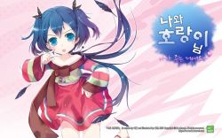 Rule 34 | 1girl, barefoot, blue eyes, blue hair, child, dress, feathers, gradient hair, hair ornament, jin young-in, kkachi, korean clothes, korean text, looking at viewer, multicolored hair, my love tiger, official art, official wallpaper, ribbon, short hair, solo, thighhighs, tongue, tongue out, translation request, twintails, wallpaper