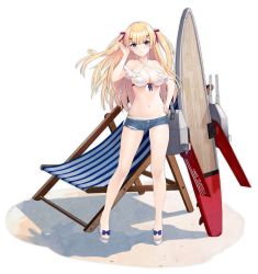Rule 34 | 1girl, allenes, azur lane, bare legs, bare shoulders, beach chair, bikini, bikini under clothes, blonde hair, blue eyes, blue shorts, breasts, cleavage, criss-cross halter, deck chair, denim, denim shorts, frilled bikini, frills, front-tie bikini top, front-tie top, frown, hair ornament, hair ribbon, hairclip, halterneck, hand on own hip, hand up, large breasts, long hair, looking at viewer, micro shorts, navel, official alternate costume, official art, ribbon, sandals, shorts, solo, standing, stomach, surfboard, sussex (azur lane), sussex (sunlit tulips) (azur lane), swimsuit, thighs, torn clothes, torn shorts, transparent background, turret, two side up, white bikini