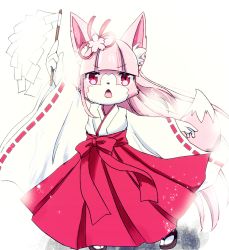 Rule 34 | animal ear fluff, animal ears, body fur, commentary request, fox, fox ears, fox girl, fox tail, full body, furry, furry female, hakama, hakama skirt, japanese clothes, kemoribon, long hair, looking at viewer, miko, open mouth, original, pink hair, red eyes, red hakama, skirt, solo, tail, very long hair, wide sleeves