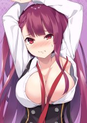 Rule 34 | 1girl, absurdres, arms up, blush, breasts, bushinofuji, closed mouth, commentary request, girls&#039; frontline, half updo, highres, large breasts, long hair, long sleeves, looking at viewer, open clothes, open shirt, purple background, purple hair, red eyes, shirt, solo, upper body, wa2000 (girls&#039; frontline), wavy mouth, white shirt
