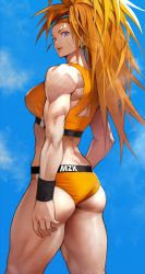 Rule 34 | 1girl, absurdres, ass, bandaid, bandaid on face, bare arms, biceps, blue sky, breasts, buruma, captain mizuki, clothes writing, cloud, day, earrings, from behind, highres, jewelry, long hair, looking at viewer, looking back, medium breasts, midriff, muscular, muscular female, one-punch man, open mouth, orange buruma, orange hair, ponytail, purple eyes, revision, sky, solo, standing, teeth, thighs, yoshio (55level)