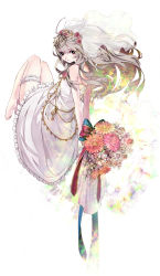Rule 34 | 1girl, absurdres, ahoge, arms behind back, bad id, bad pixiv id, bare legs, bare shoulders, barefoot, bouquet, bridal veil, bride, closed mouth, dress, artistic error, female focus, flower, frilled dress, frills, from behind, hair flower, hair ornament, highres, long hair, looking at viewer, looking back, original, red eyes, shiguma (sigmasmail), sigmasmail, silver hair, simple background, smile, solo, thigh strap, veil, wedding dress, white background, white dress, wrong foot