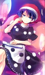 Rule 34 | &gt;:), 1girl, black dress, blob, blue eyes, blue hair, book, capelet, doremy sweet, dress, hat, kutsuki kai, crossed legs, looking at viewer, matching hair/eyes, nightcap, pom pom (clothes), short hair, sitting, sitting on object, smile, solo, touhou, v-shaped eyebrows