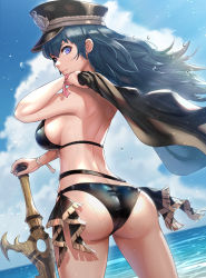 Rule 34 | 1girl, absurdres, ass, back, belt, bikini, black bikini, black hat, black jacket, blue hair, blue sky, breasts, byleth (female) (fire emblem), byleth (female) (summer) (fire emblem), byleth (fire emblem), closed mouth, cloud, cowboy shot, day, fire emblem, fire emblem: three houses, floating hair, fringe trim, from behind, gonzarez, hat, highres, holding, holding clothes, holding jacket, horizon, jacket, large breasts, long hair, looking at viewer, looking back, nintendo, ocean, official alternate costume, peaked cap, planted, planted sword, planted weapon, purple eyes, serious, sideboob, sky, solo, swimsuit, sword, sword of the creator, unworn jacket, water, water drop, weapon, wind, wristband