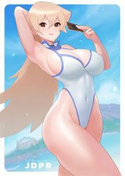 Rule 34 | 1girl, adapted costume, armpits, artist name, blonde hair, blue sky, breasts, brown eyes, card, cleavage, cloud, commentary, covered navel, cowboy shot, curvy, english commentary, highleg, highleg swimsuit, highres, holding, jdpr, large breasts, long hair, one-piece swimsuit, outside border, presenting armpit, shiny skin, sky, solo, swimsuit, tenjouin asuka, very long hair, white one-piece swimsuit, wide hips, yu-gi-oh!, yu-gi-oh! gx