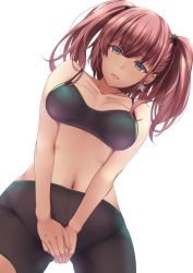 Rule 34 | 1girl, alternate costume, atlanta (kancolle), bike shorts, breasts, brown hair, earrings, grey eyes, hair ornament, highres, jewelry, kantai collection, kuurunaitsu, large breasts, long hair, looking at viewer, looking down, navel, open mouth, shorts, simple background, solo, sports bra, star (symbol), star earrings, stomach, two side up, white background
