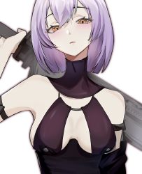 Rule 34 | 1girl, absurdres, arknights, bare shoulders, blush, bob cut, breasts, brown eyes, highres, holding, holding sword, holding weapon, looking at viewer, medium breasts, parted lips, purple hair, scavenger (arknights), short hair, simple background, sldm, sleeveless, solo, sword, upper body, weapon, white background