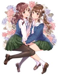 Rule 34 | 2girls, :d, :o, black legwear, blue flower, blue rose, blue sweater, blue vest, blush, bow, bowtie, breasts, brown eyes, brown footwear, brown hair, collared shirt, commentary request, floral background, flower, green skirt, hair ribbon, head tilt, highres, leaf, loafers, long hair, long sleeves, looking at viewer, matsuzaki miyuki, miniskirt, multiple girls, neckerchief, open mouth, original, pantyhose, parted lips, pink flower, pink rose, pleated skirt, red eyes, red hair, ribbon, rose, sailor collar, school uniform, shirt, shoes, sidelocks, skirt, sleeves past wrists, small breasts, smile, socks, sweater, thighs, twintails, vest, white background, white flower, white legwear, white neckwear, white ribbon, white rose, white sailor collar, white shirt