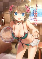 Rule 34 | + +, 10s, 1girl, :d, adapted costume, aldehyde, alternate hairstyle, ball, beachball, bikini, blue eyes, blush, breasts, brown hair, cleavage, hair bun, hair ornament, headgear, kantai collection, large breasts, looking at viewer, low twintails, maya (kancolle), maya kai ni (kancolle), navel, neck ribbon, open mouth, outstretched hand, ribbon, short hair, short twintails, single hair bun, smile, solo, sparkling eyes, swimsuit, translated, twintails