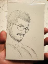 Rule 34 | 1boy, bara, beard stubble, breath, dahei (youtian), facial hair, glasses, graphite (medium), highres, huge eyebrows, ji peng gou you, large pectorals, light smile, looking at viewer, male focus, mature male, muscular, muscular male, nude, pectorals, photo (medium), shikishi, short hair, smile, solo, sparse chest hair, stubble, traditional media, upper body, youtian (youtiange)