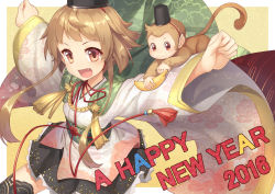 Rule 34 | 10s, 1girl, 2016, brown hair, fang, happy new year, hat, highres, japanese clothes, looking at viewer, monkey, new year, open mouth, original, outstretched arms, red eyes, shinonome haru, short hair, solo, tate eboshi, wide sleeves