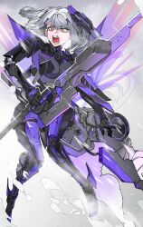 Rule 34 | 1girl, breasts, corrupted twitter file, cyborg, grey hair, hair ornament, headgear, highres, holding, holding weapon, mechanical parts, medium breasts, medium hair, open mouth, punishing: gray raven, rosetta: rigor (punishing: gray raven), rosetta (punishing: gray raven), teeth, tongue, weapon, x hair ornament, yellow eyes, yongsadragon