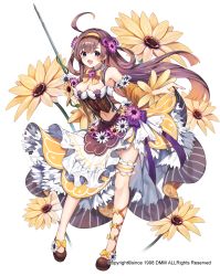 Rule 34 | 1girl, ahoge, asymmetrical legwear, blue eyes, bow, bowtie, breasts, bridal garter, brown hair, character request, cleavage, clothes lift, flower, flower knight girl, hairband, highres, holding, holding sword, holding weapon, long hair, looking at viewer, medium breasts, midriff, navel, open mouth, sakofu, skirt, solo, sword, uneven legwear, watermark, weapon, white background, yellow bow, yellow bowtie