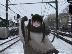 Rule 34 | 1girl, :d, animal ears, black hair, blush, cat ears, cat girl, earphones, full-face blush, gloves, grey eyes, half-closed eyes, hand up, highres, house, kibishiihiekomi, looking at viewer, open mouth, original, outdoors, overhead line, poncho, power lines, procreate (medium), railroad signal, railroad tracks, smile, snow, snowing, solo, standing, teeth, twintails, upper teeth only, utility pole, winter