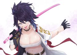 Rule 34 | a9 (repainter), belt, black hair, blue eyes, breasts, cleavage, fang, gloves, highres, indie virtual youtuber, jacket, katana, kson, large breasts, navel, open clothes, open jacket, pants, piercing, sarashi, skin fang, sword, tongue, tongue out, tongue piercing, virtual youtuber, weapon