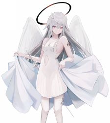 Rule 34 | 1girl, absurdres, ahoge, albino, amamizu shizuku, bare arms, bare shoulders, breasts, closed mouth, clothing cutout, collarbone, covered navel, dress, feathered wings, feet out of frame, halo, highres, holding, leg tattoo, long hair, looking at viewer, navel cutout, original, red eyes, shoulder tattoo, sideboob, silver hair, simple background, sleeveless, sleeveless dress, small breasts, smile, solo, standing, sword, tattoo, very long hair, weapon, white background, white dress, white wings, wings