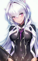 Rule 34 | 1girl, :q, barefoot, blush, bodysuit, covered erect nipples, covered navel, cum, cum on body, cum on clothes, fate/grand order, fate/grand order arcade, fate (series), hair intakes, highres, hood, licking lips, long hair, merlin (fate/prototype), merlin (fate/prototype) (second ascension), pantyhose, pink eyes, robe, silly (marinkomoe), simple background, smile, solo, toenails, tongue, tongue out, white background, white hair