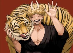 Rule 34 | 1boy, animal, bad id, bad pixiv id, black nails, blonde hair, blush, closed eyes, collarbone, demon boy, demon horns, fangs, fingernails, gakudayo, highres, horns, long fingernails, long sleeves, male focus, muscular, muscular male, nail polish, oni, open mouth, original, pectoral cleavage, pectorals, red background, simple background, teeth, tiger, tongue, tongue out, upper body, very long fingernails, waving, wide sleeves, yellow eyes