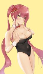 Rule 34 | 1girl, absurdres, bare arms, bare legs, bare shoulders, black leotard, blush, bow, bowtie, breasts squeezed together, breasts, cleavage, closed mouth, collarbone, commentary request, detached collar, hair ribbon, heterochromia, highres, hololive, houshou marine, large breasts, leotard, little love mitsuha, long hair, red eyes, red hair, red ribbon, ribbon, solo, twintails, very long hair, virtual youtuber, wrist cuffs, yellow background, yellow eyes