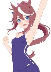 Rule 34 | 1girl, :d, absurdres, animal ears, arm up, armpits, blue eyes, blue one-piece swimsuit, breasts, brown hair, commentary, covered navel, english commentary, highres, horse ears, horse girl, jilu, long hair, multicolored hair, one-piece swimsuit, open mouth, ponytail, simple background, small breasts, smile, solo, streaked hair, swimsuit, tokai teio (umamusume), tracen swimsuit, umamusume, wet, white background, white hair