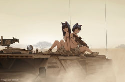 Rule 34 | 2girls, animal ears, artist name, assault rifle, back-to-back, cat ears, commentary request, dead-robot, dust, gun, holding, holding gun, holding weapon, looking at viewer, military, military vehicle, multiple girls, on vehicle, original, outdoors, rifle, shoes, shorts, sitting, sneakers, tattoo, tree, watermark, weapon, white footwear
