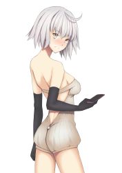 Rule 34 | 1girl, ahoge, backless dress, backless outfit, bad id, bad pixiv id, bare shoulders, black gloves, blush, breasts, cellphone, dress, elbow gloves, expressionless, fate/grand order, fate (series), gloves, grey hair, highres, jeanne d&#039;arc (fate), jeanne d&#039;arc alter (avenger) (fate), jeanne d&#039;arc alter (fate), jilu, looking at viewer, medium breasts, phone, short hair, sideboob, simple background, smartphone, solo, strapless, strapless dress, white background, yellow eyes, zipper pull tab