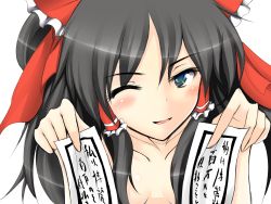 Rule 34 | 1girl, bad id, bad pixiv id, bent over, black hair, blue eyes, blush, bow, breasts, commentary request, female focus, hair bow, hakurei reimu, highres, holding, large bow, mikage kirino, naughty face, ofuda, one eye closed, smile, solo, topless, topless frame, touhou, upper body, wink