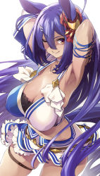 Rule 34 | 1girl, animal ears, armpits, arms behind head, arms up, bare shoulders, bikini, blue bikini, blue hair, blush, breasts, choker, cleavage, collarbone, crescent, crescent hair ornament, dark-skinned female, dark skin, ear ornament, hair between eyes, hair ornament, highres, hishi amazon (umamusume), horse ears, horse girl, horse tail, kneeling, large breasts, long hair, looking at viewer, miniskirt, one eye closed, open mouth, red eyes, revision, sandals, skirt, smile, swimsuit, tail, thighs, thomasz, two-tone bikini, umamusume, white bikini, white skirt