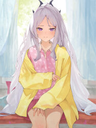 Rule 34 | 1girl, absurdres, alternate costume, blue archive, blurry, closed mouth, collared shirt, commentary request, curtains, depth of field, highres, hina (blue archive), hina (pajamas) (blue archive), indoors, jacket, long hair, long sleeves, looking at viewer, pink shirt, polka dot, polka dot shirt, purple eyes, randouworks, red skirt, shirt, sidelocks, sitting, skirt, sleeves past wrists, solo, very long hair, white hair, yellow jacket
