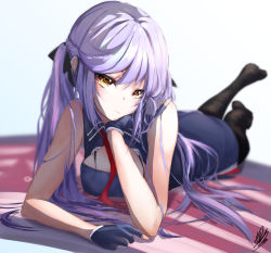 Rule 34 | 1girl, azur lane, bare arms, bare shoulders, black pantyhose, essex (azur lane), gloves, hand on own face, hand on own head, head rest, head tilt, highres, long hair, looking at viewer, lying, military, military uniform, murata ryou, no shoes, on stomach, pantyhose, purple hair, simple background, solo, uniform, yellow eyes