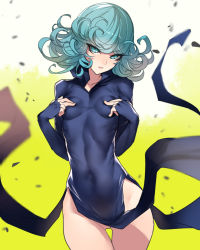 Rule 34 | 1girl, ban! (bansankan), black dress, blurry, blurry background, breasts, covered navel, covering nipples, covering privates, cowboy shot, curly hair, debris, depth of field, dress, green eyes, green hair, highres, impossible clothes, long sleeves, looking at viewer, no panties, one-punch man, parted lips, pelvic curtain, short hair, small breasts, solo, standing, tatsumaki, thigh gap, wind, wind lift