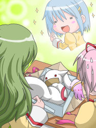 Rule 34 | 10s, 3girls, :d, = =, blue hair, blush stickers, box, commentary request, desk, gag, gagged, gradient background, green hair, hair ornament, hair ribbon, hairclip, highres, hohetomaru, improvised gag, in box, in container, kaname madoka, kyubey, long hair, mahou shoujo madoka magica, mahou shoujo madoka magica (anime), miki sayaka, mitakihara school uniform, multiple girls, open mouth, red eyes, ribbon, school uniform, shizuki hitomi, short hair, short twintails, smile, sparkle, sweat, tape, tape gag, twintails