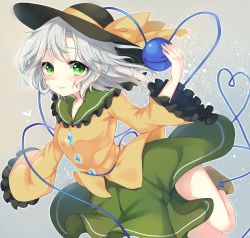 Rule 34 | 1girl, bow, gradient background, green eyes, hat, hat bow, heart, heart of string, highres, komeiji koishi, long sleeves, looking at viewer, paragasu (parags112), shirt, silver hair, skirt, smile, solo, third eye, touhou, wide sleeves