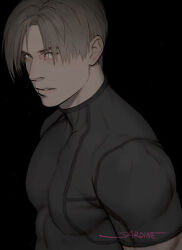 Rule 34 | 1boy, artist name, black shirt, brown hair, curtained hair, large pectorals, leon s. kennedy, male focus, muscular, muscular male, pectorals, resident evil, resident evil 4, sardine (kjr0313), shirt, short hair, signature, solo, tight clothes, tight shirt, turtleneck, upper body