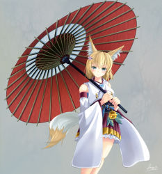 Rule 34 | 1girl, animal ears, bell, blonde hair, commentary request, detached sleeves, fox ears, fox girl, fox tail, full body, grey eyes, hair between eyes, hair ornament, hairclip, holding, holding umbrella, japanese clothes, looking at viewer, obi, oil-paper umbrella, original, pleated skirt, sash, short hair, sidelocks, skirt, smile, solo, standing, tail, umbrella, wide sleeves, yumibakama meme