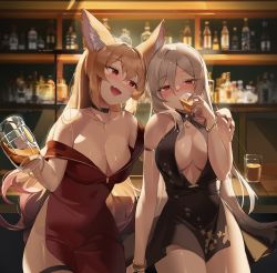 Rule 34 | 2girls, :d, absurdres, alcohol, animal ears, bar (place), bare arms, bare shoulders, black choker, blush, breasts, brown hair, choker, choyeon, cleavage, cocktail dress, collarbone, cup, dress, drinking, drinking glass, drunk, dungeon and fighter, ellin meiji, fang, fox ears, grey hair, hand on another&#039;s shoulder, highres, jewelry, large breasts, long hair, looking at another, looking at viewer, multiple girls, necklace, no bra, nose blush, off shoulder, open mouth, original, red dress, red eyes, side slit, sitting, sleeveless, sleeveless dress, smile, thigh strap, very long hair