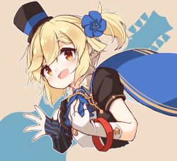 Rule 34 | 1girl, :d, ascot, asymmetrical gloves, black gloves, black hat, black shirt, blonde hair, blue ascot, blue cape, blue flower, blush, braid, brown background, cape, cropped torso, flower, girls&#039; frontline, gloves, hair between eyes, hair flower, hair ornament, hands up, hat, highres, matsuo (matuonoie), mini hat, mini top hat, mismatched gloves, nagant revolver (astral bond) (girls&#039; frontline), nagant revolver (girls&#039; frontline), official alternate costume, one side up, open mouth, puffy short sleeves, puffy sleeves, red eyes, shirt, short sleeves, smile, solo, striped clothes, striped gloves, top hat, uneven gloves, upper body, vertical-striped clothes, vertical-striped gloves, white gloves