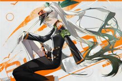 Rule 34 | 1girl, absurdres, armband, black coat, coat, creatures (company), delinquent, detached sleeves, fighting miku (project voltage), food, game freak, gloves, green armband, hatsune miku, highres, holding, holding food, holding spring onion, holding vegetable, ichigo amo, long hair, looking at viewer, multicolored eyes, multicolored hair, necktie, nintendo, orange trim, pokemon, project voltage, side slit, single detached sleeve, sitting, spring onion, thighhighs, twintails, vegetable, very long hair, visor cap, vocaloid, white gloves, white hair, white necktie, white thighhighs