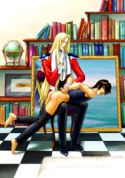 Rule 34 | 2boys, ai no kusabi, artist request, ass, barefoot, blonde hair, book, brown hair, clothes pull, feet, globe, gloves, indoors, library, long hair, male focus, multiple boys, painting, pants, pants pull, restrained, school, school discipline, sexually suggestive, short hair, source request, spanked, spanking, study, teaching, toes, very long hair, yaoi