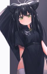Rule 34 | 1girl, animal ears, black dress, black hair, blue archive, cat ears, closed mouth, commentary, cowboy shot, dress, green eyes, grey background, highres, light particles, long hair, looking at viewer, otoma (matoi0603), shiny skin, short sleeves, shun (blue archive), shun (small) (blue archive), side slit, solo, thighhighs, two-tone background, weapon bag, white background, white thighhighs