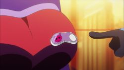Rule 34 | 1girl, animated, animated gif, bimaajo, bodysuit, bouncing breasts, breast focus, breast poke, breasts, close-up, large breasts, multicolored clothes, poking, purple bodysuit, red bodysuit, screencap, standing, time bokan (series), time bokan 24