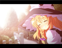 Rule 34 | 1girl, anime coloring, bad id, bad pixiv id, blonde hair, blush, braid, closed eyes, female focus, fence, grin, hat, kirisame marisa, letterboxed, shirt, smile, solo, tanpinsansyoku, touhou, tree, witch, witch hat