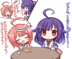 Rule 34 | 10s, 2girls, ahoge, comic, eating, closed eyes, food, food in mouth, food on face, fork, glass, i-58 (kancolle), kantai collection, komakoma (magicaltale), multiple girls, open mouth, parted lips, pink hair, purple hair, red eyes, saucer, school uniform, serafuku, smile, soy sauce, spoken food, sushi, table, taigei (kancolle), translation request