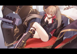 Rule 34 | 1girl, anchor symbol, azur lane, belt, boots, breasts, brown footwear, buckle, cannon, choker, cleavage, collarbone, earrings, gloves, hair between eyes, jean bart (azur lane), jewelry, knee boots, letterboxed, long hair, long sleeves, looking at viewer, machinery, medium breasts, ponytail, red eyes, red gloves, rigging, short shorts, shorts, sidelocks, single knee boot, single thighhigh, sitting, skull, solo, striped clothes, striped thighhighs, thighhighs, thighs, vertical-striped clothes, vertical-striped thighhighs, whitem (whiteemperor2020)
