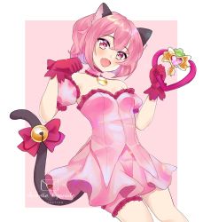 Rule 34 | 1girl, absurdres, animal ears, artist name, bare shoulders, bell, blush, bow, breasts, cat ears, cat tail, cleavage, dress, gloves, highres, looking at viewer, medium breasts, mew ichigo, momomiya ichigo, off-shoulder dress, off shoulder, open mouth, pink dress, pink eyes, pink gloves, pink hair, short hair, smile, solo, sweetie cyanide, tail, tail bell, tail bow, tail ornament, tokyo mew mew