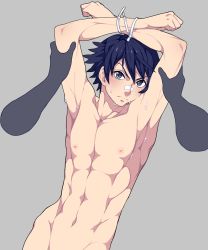 Rule 34 | 10s, 1boy, armpits, arms up, bandaid, bandaid on face, bandaid on nose, bdsm, blue eyes, blue hair, disembodied hand, fatherlobin, highres, idolmaster, idolmaster side-m, male focus, matching hair/eyes, muscular, muscular male, navel, nipples, open mouth, pinned, restrained, solo, sweat, taiga takeru