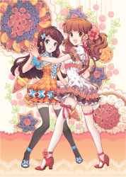 Rule 34 | 2girls, aqua eyes, bad id, bad pixiv id, black thighhighs, blue eyes, brown eyes, brown hair, dancing, dress, earrings, flower, food, fruit, full body, hair flower, hair ornament, high heels, holding hands, jewelry, legs, multiple girls, nardack, open mouth, original, ribbon, shoes, sweets, thighhighs, twintails, white thighhighs, zettai ryouiki