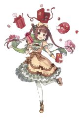 Rule 34 | 1girl, :d, blush, bow, box, box of chocolates, brown eyes, brown hair, candy, chocolate, chocolate heart, dress, food, full body, gift, green scarf, hair bow, heart, heart-shaped box, highres, kisaragi (princess principal), long hair, looking at viewer, official art, open mouth, pantyhose, princess principal, princess principal game of mission, scarf, smile, solo, standing, standing on one leg, transparent background, twintails, white pantyhose, yellow dress, yellow footwear