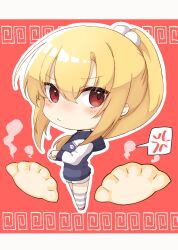 Rule 34 | 1girl, anger vein, angry, arihara nanami, blonde hair, blush, border, chibi, chibi only, closed mouth, commentary request, dumpling, eyes visible through hair, food, hair between eyes, hair ornament, highres, jacket, jiaozi, letterman jacket, long hair, long sleeves, looking at viewer, meandros, official alternate costume, official alternate hairstyle, pom pom (clothes), pom pom hair ornament, ponytail, pout, red background, red eyes, riddle joker, simple background, solo, spoken anger vein, standing, steam, striped clothes, striped thighhighs, thighhighs, white border, yuuhodesu
